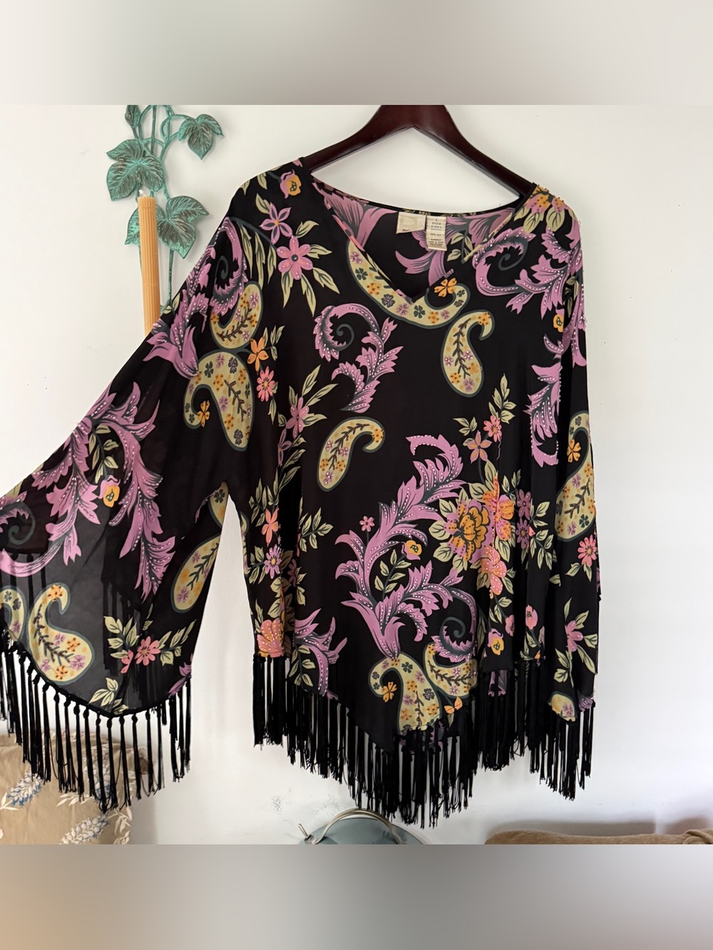 Vintage Roaman’s 100% Silk Paisley Floral Beaded Fringe Kimono Top L